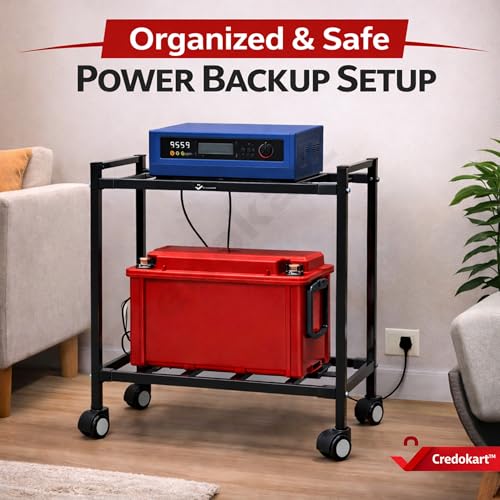 Image of Inverter Trolley for Home - 2 Tier Heavy Duty Inverter Stand with 360 Wheels | Strong Metal Inverter Trolley | Inverter Battery Stand for Home | Fits Single Battery | 150 KG Load - Black