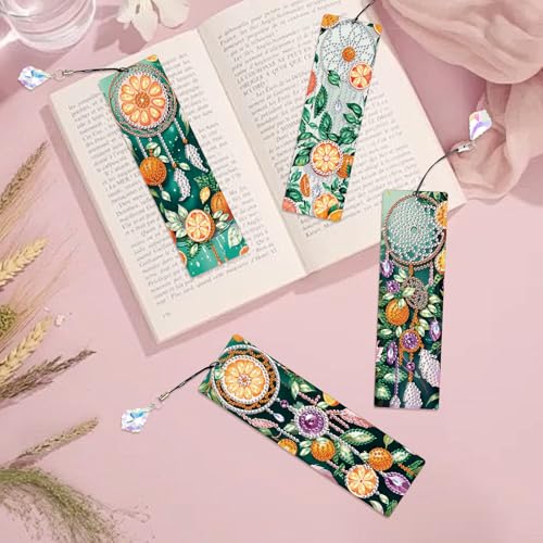 Image of 4 Pcs Diamond Painting Bookmarks, DIY Orange and Dreamcatcher Diamond Art Bookmark Kits for Adults, Rhinestone Drill Fruit Bookmarks with Tassels for Beginners