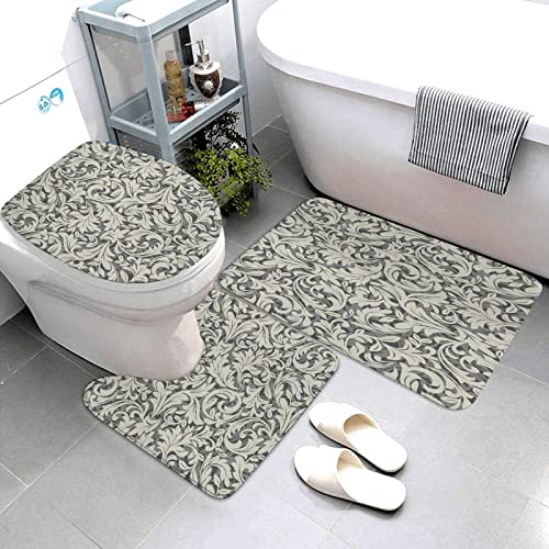 Badezimmermatten-Sets 3-teilige rutschfeste Badematten,Blätter Silber Viktorianisches Blumenmuster Barock Damast… – Bild 5