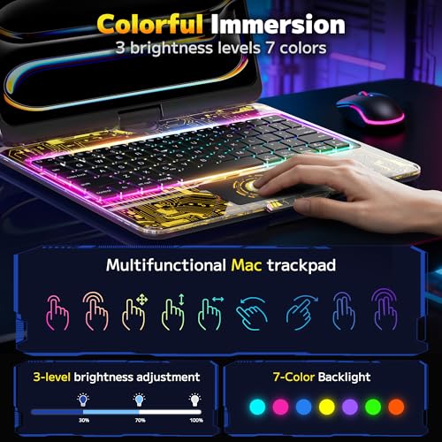 Image of Clear Keyboard Case for iPad Pro 11 Inch (M4 /M5 2024 /2025) 360 Swivel Multi-Touch Trackpad,with Wireless Bluetooth 3-Brightness & 7-Color Backlit, Pencil Holder tecla de acceso directo Black
