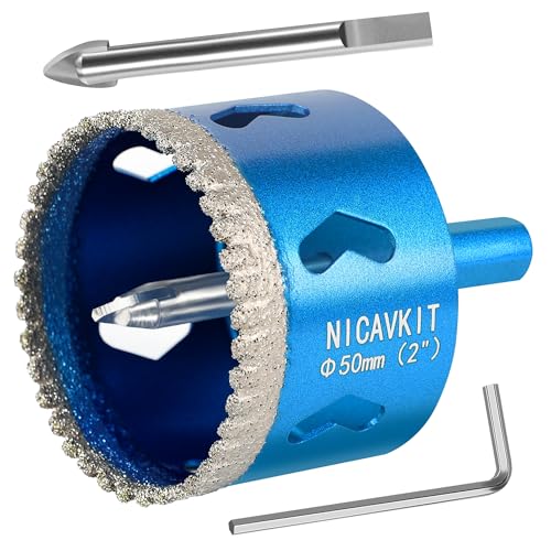 NICAVKIT 50mm Sierra de corona de diamante con 2 brocas piloto removibles,Dentada Brocas Coronas de Diamante para azulejos de porcelana, vidrio, cerámica, mármol, fibra de vidrio, etc
