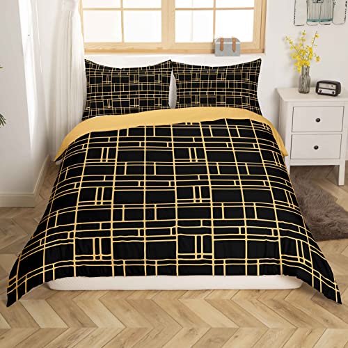 Grid Duvet Cover Set Double Sided Reversible Bedding Set Brushed Microfibre Black & Gold Lattice Comforter Cover for Boys Girls Adults Luxury Ultra Soft Microfibre (Black