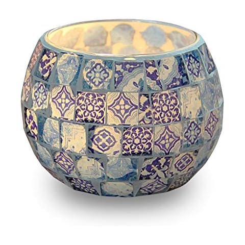 AIFUSI Candle Tea Light Holder, Blue-and-white Pattern Glass Handmade Candle Stands, Mosaic Style Decoration for Party Wedding Birthday Gift Cover