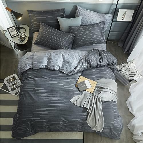 Image of Striped Comforter Set Queen Size Retro Grey Stripes Pattern Printed Bedding Comforter with 2 Pillowcases Soft Breathable Fluffy Bed Comforter Geometric 3 Pieces Striped Bedding Set for All Seasons