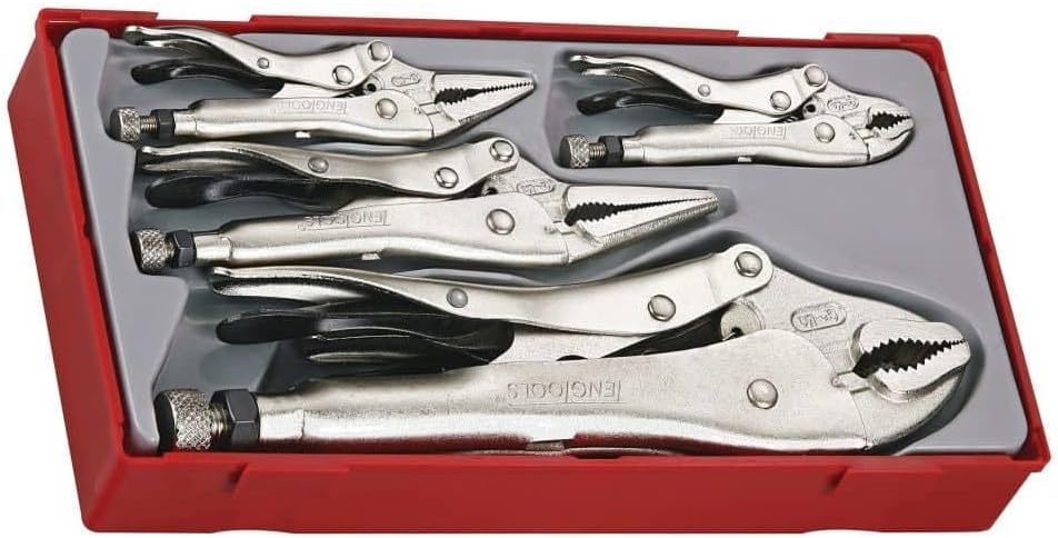 Teng Tools 5 Piece Round Jaw Power Grip and Long Nose Vise Grip Locking Pliers Set - TTVG05, Chrome