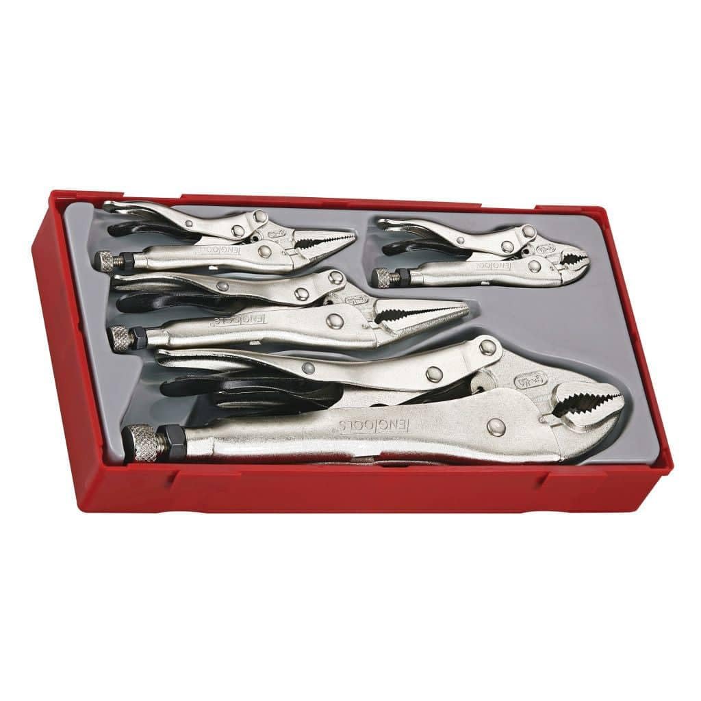 Teng Tools 5 Piece Round Jaw Power Grip and Long Nose Vise Grip Locking Pliers Set - TTVG05, Chrome