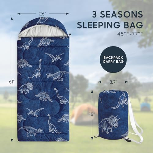 Wake In Cloud - Bolsa de Dormir para Niños, Mochilera Ligera Compacta para Camping en Clima Templado, con Diseño de Dinosaurios miniatura 2