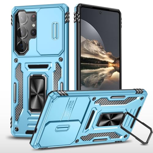 Image of Polycarbonate Slide Camera Cover with Ring Holder Mobile Phone Back Cover for Samsung Galaxy S25 Ultra (Blue)