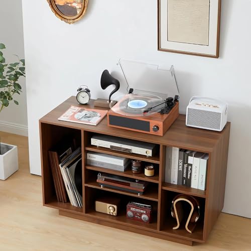 Image of Vinyl Record Players Vintage Turntable with Speakers Belt-Driven Turn Tables Support 3-Speed Bluetooth Wireless Playback RCA Line LP Phonograph Auto Stop Retro Walnut Red