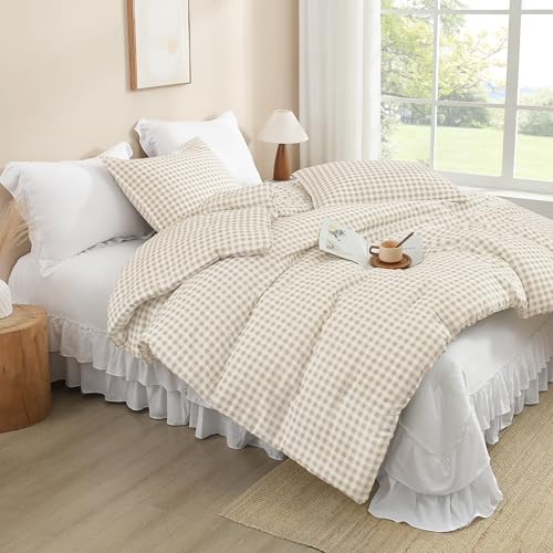 Image of Andency Beige Gingham Comforter Set Full(79x90Inch), Cream Checkered Grid Plaid Buffalo Bed Set for Girls Boys Kids Teens, 3 Pieces Lightweight Polyester Geometric Preppy Bedding