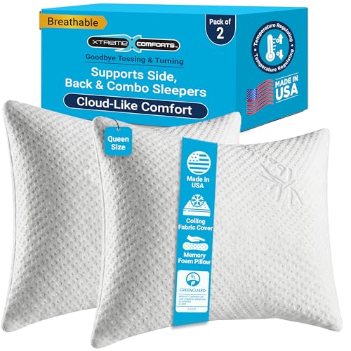 Xtreme Comforts Memory Foam Pillows | GREENGUARD Certified Shredded Foam Fill for Personalized Support | Slim Cooling Bed Pillows for Side, Back & Stomach Sleepers | 2 Queen Size Pillows