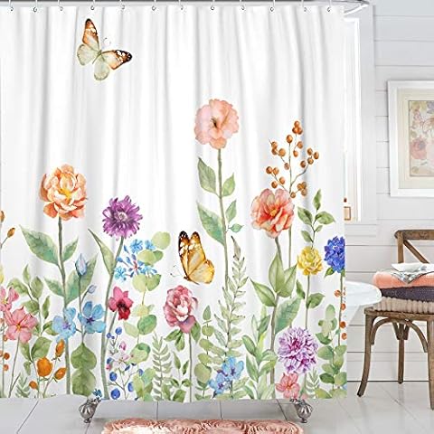 Kanuyee Fabric Floral Shower Curtain,Garden Butterfly Shower Curtains for Bathroom， Bath Curtain Modern Bathroom Accessories Waterproof with Size (72" W x 72" H(180cm x 180cm)) Cover