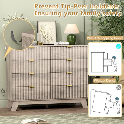 Image of Wodeer 8 Drawer Fluted Dresser for Bedroom, Mid Century Modern Wooden Dresser with 8 Drawers, Dressers & Chests of Drawers with Metal Handle, TV Stand & Storage Organizer for Entryway, Hallway, Grey