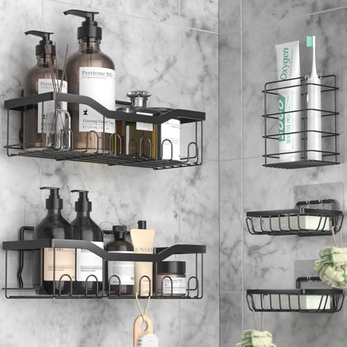 OUSFOT Etagere Salle de Bain 5 Pièces avec Crochet Noir, Sans Perçage pour Douche, Cuisine, Toilettes