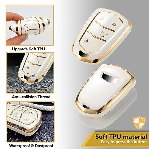 Image of for Cadillac Key Fob Cover with Metal Braided Rope Keychain, Upgraded Soft Key Case for 2015-2019 Escalade CTS SRX XT5 ATS STS CT6 (6 Buttons) (Gold Edge)