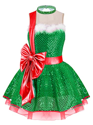 Hansber Kids Girls Sleeveless Sequins Tutu Dress Figure Ice Skating Dress Christmas Dance Costume Bowknot-Green C 8 cover