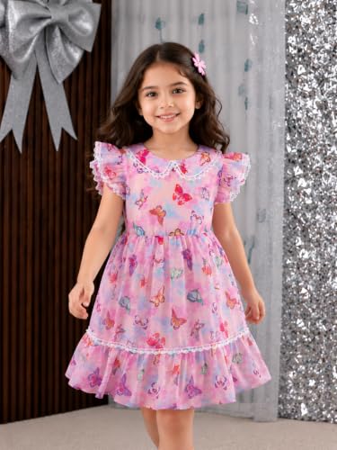 Image of TAGAS Girls Floral Dress | Lavender Flower Print Dressess for Kids | Soft Summer Frock| Casual Birthday & Occasion Wear|