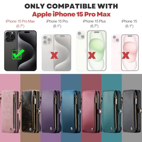 Defencase for iPhone 15 Pro Max Case, for iPhone 15 Pro Max Case Wallet for Women Men, Durable Leather Magnetic Buckle Flip Strap Zipper Card Holder Phone Cases for iPhone 15 Pro Max 6.7