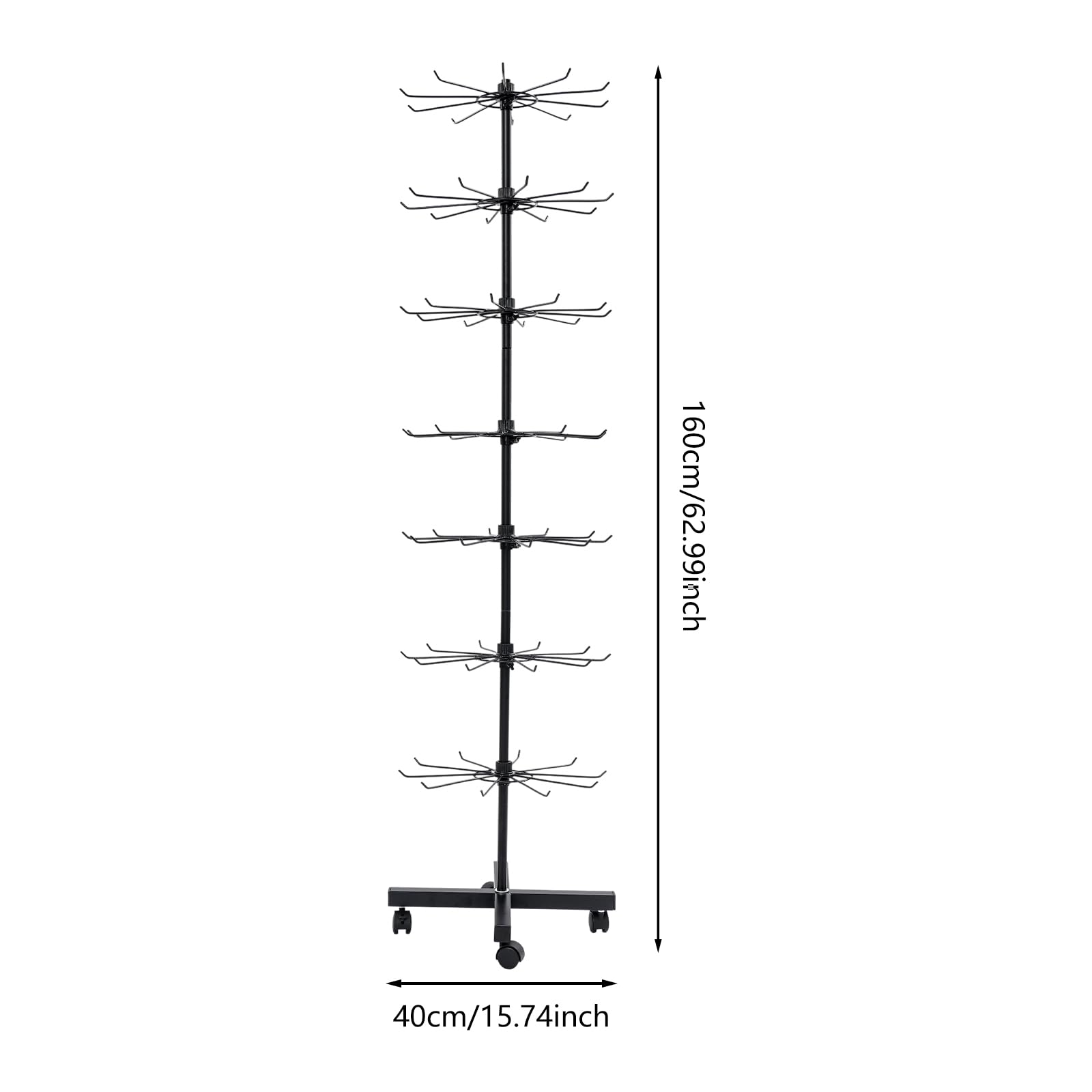 Jewelry Display Shelves stojak na biżuterię, metalowy organizer, 7 poziomów, 70 haczyków, kolor czarny, obracany o 360°, regulowany stojak sprzedażowy, stojak na wystawę, stojak na wystawę, 40 x 160