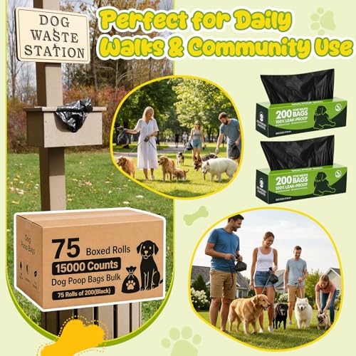 Image of Sherr 75 Rolls 15000 Count Dog Waste Bags Dog Trash Bags Leak Proof Pet Doggie Poop Roll Waste Thick Plastic Bag for Home Park Outdoor Travel Pet Supplies (Black)