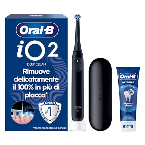 Oral-B iO 2 Spazzolino Elettrico Nero, 1 Testina Di Ricambio per Spazzolino Elettrico, Caricatore, Custodia Da Viaggio + 1 Dentifricio Oral B Advanced Rigenera Smalto, Pulizia Denti Efficace