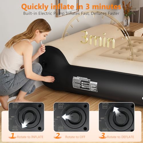 Queen Air Mattress Full with Built in Pump,16" Comfort Flocking Inflatable Blow Up Mattress,Equipped for Home, Guests, Camping,Inflate in 3 Minutes, 660 lbs Max (Black)