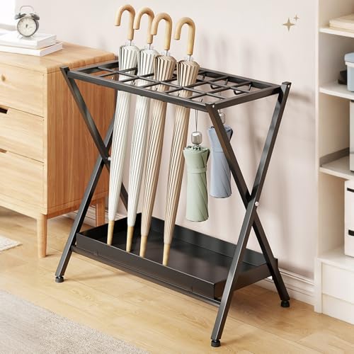 FORRTY 傘立て 業務用 大容量 18格傘収納ラック 折り畳み 傘スタンド 折りたたみ傘対応 傘立て おしゃれ 防錆 鉄製 フック付き 水受け皿付き スリム 省スペース 組立簡単 金属製収納ラック 玄関収納 店舗 学校 会社 事務所 ホテル スーパーマ