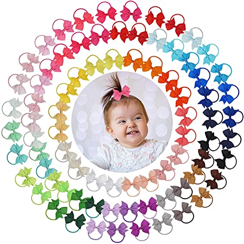 Image of Ayesha 80Pcs Toddler Hair Bows Baby Hair Ties Ponytail Bows Cute Pigtail Ties Mini Rubber Bands 2'' Grosgrain Ribbon Hair Bows Hair Accessories Tiny Bows for Baby Girls Toddler Kids
