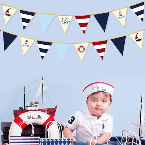 Image of Navy Red Beige Gold Glitter Stamping Paper Pennant Banner Flag Triangle Bunting for Nautical Pirate Ahoy Achor Theme Birthday Baby Shower Wedding Let's Get Nauti Bachelorette Party Decoration Supplies