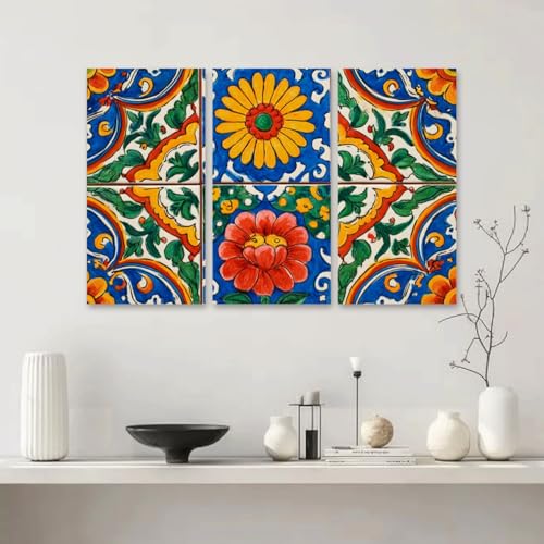 3 Piece Canvas Wall Art Prints Picture Mexican talavera ceramic tile Ethnic folk ornament Italian pottery Framed Wall Painting Modern Artwork Poster Home Decor for Living Room Office Ready to Hang - Image 5