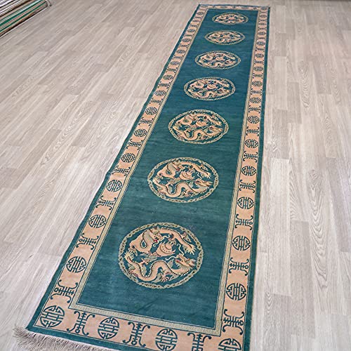 Yuchen Rug Silk Runner Rug 2.5X12 Green Hand Woven Medallion Traditional Oriental Luxury Silk Runner Rug For Hallway #TOP2