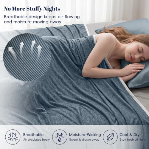 Image of PHF Cooling Blanket Queen Size 90 inchx90 inch, Double-Sided Cooling for Hot Sleepers (Q-Max 0.46+), Lightweight Breathable Summer Blanket for Night Sweats with Rayon Derived from Bamboo, Navy Blue
