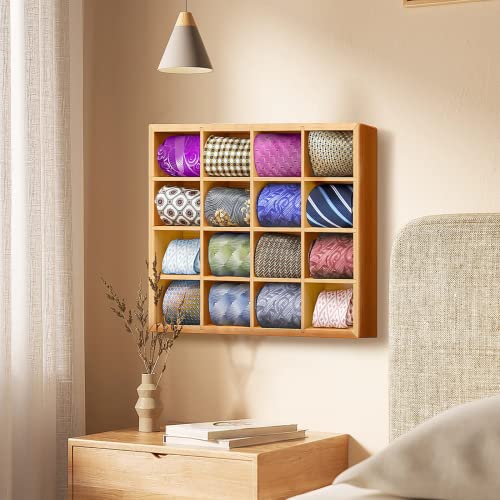 Gtouse Wall Mounted Tie Box,Tie Organizer,Bamboo Tie Display Rack,Bamboo Closet Drawer Divider,Tie Storage Holder With 16 Compartments For Belts, Ties, Bras, Socks #TOP7
