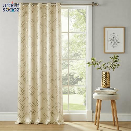 Image of Urban Space 100% True Blackout Curtains for Window, Gold Foil Printed Blackout Curtains, Blackout Decorative Curtain Eyelet with Tieback, 1 Piece Curtain for Living Room(Criss Cross Beige, 5 Feet)