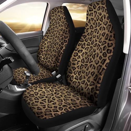 Image of Car Front Seat Cover Set of 2, Brown Leopard Print Auto Universal Interior Accessories, Thin Front Automobile Seat Cover