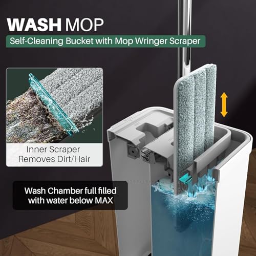 Image of VELQUOR Flat Mop and Bucket Set, Self-Cleaning with Wringer Scraper, Wet Dry Mop, Microfibre Pads Included