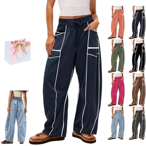 Commendize Womens Baggy Barrel Pants Wide Leg Lounge Drawstring Sweatpants with Pockets, Summer Wide Leg Casual Pants
