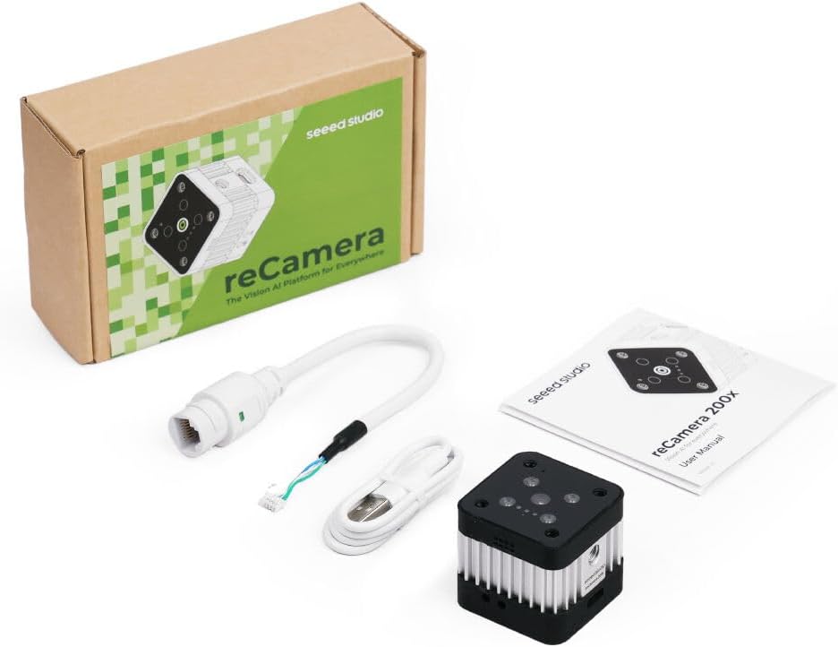 Seeed Studio reCamera 2002w package contents including the camera unit, cables, and user manual.