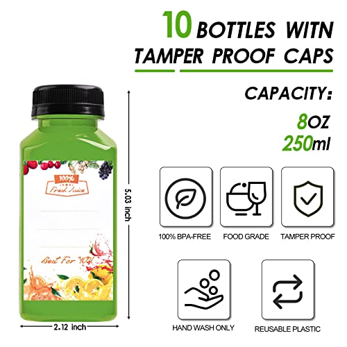 10 Stück 250 ml Leere Flaschen Kunststoff, Wiederverwendbare kleine Flaschen zum Befüllen Trinkflaschen für Smoothie Saft Tee, Klare Trinken Bottle für Mini-Kühlschrank, Juicer Shots, Wasser, Milch