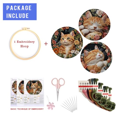 Image of EOBTAIN Orange Cat Embroidery Kit for Beginners, Cute Animal with Floral Embroidery Starter Kit,3 Pcs Flower Botanical Stamped Pattern with Hoop,Thread,Needles,Hand DIY Craft Kits for Adults