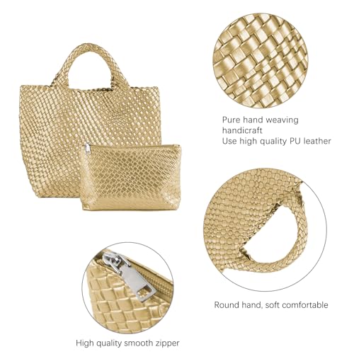 Image of Women's Vegan Leather Tote Bag - Handmade Woven Beach Bag, Travel Handbag with Purse & Top Handle Hobo Tote(Gold)