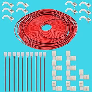 3528 2 Pin LED Strip Connector Kit - 8mm LED Connector Kit Includes 10x LED Strip Connector Pigtail, 10x L Shape Connectors, 32.8ft Extension Cable, 20x LED Strip Clips