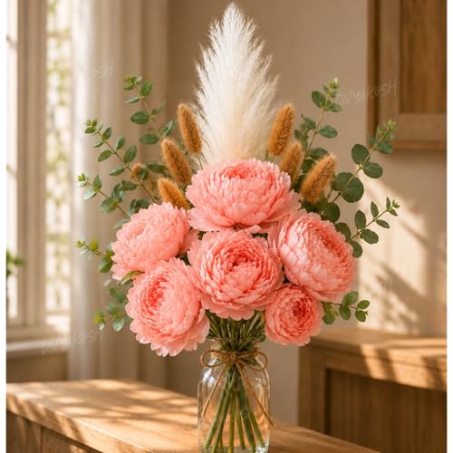 Image of Divyakosh Artificial Flowers for Vase (Vase Not Included) Light Pink Peony Bouquet with Eucalyptus, Bunny Tails & Pampas Grass for Living Room, Table Centerpiece, Home Decor
