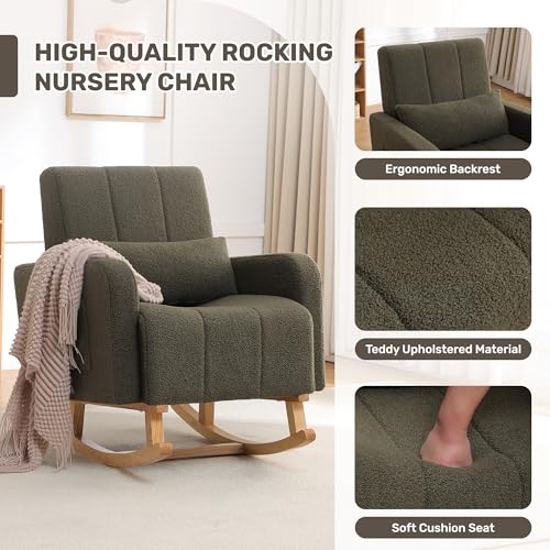 Image of HCHAIRH Rocking Chair with Ottoman, Nursery Glider Rocker with High Backrest and Side Pocket, Teddy Rocking Accent Armchair with Solid Wood Legs for Nursery, Living Room, Bedroom Green