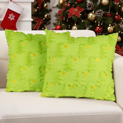 Christmas Pillow Covers 18x18 inch Set of 2 Green Christmas Tree Throw Pillow Cases 3D Embroidered Soft Plush Faux Fur for Chair Sofa Bedroom Living Room Home Decor