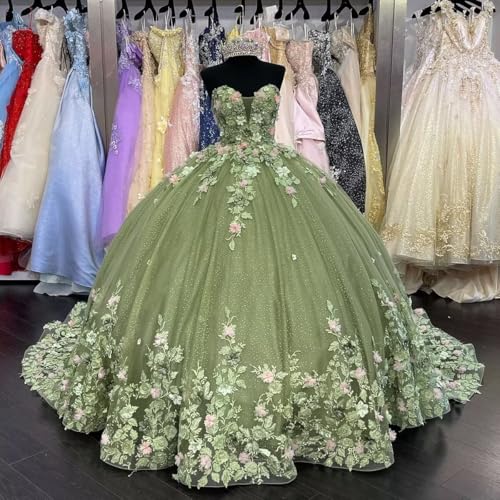 Zhangyo Strapless 3D Flower Quinceanera Dresses with Train Applique Tulle Sweet 16 Dresses Beaded Puffy Quinceañera Dress3
