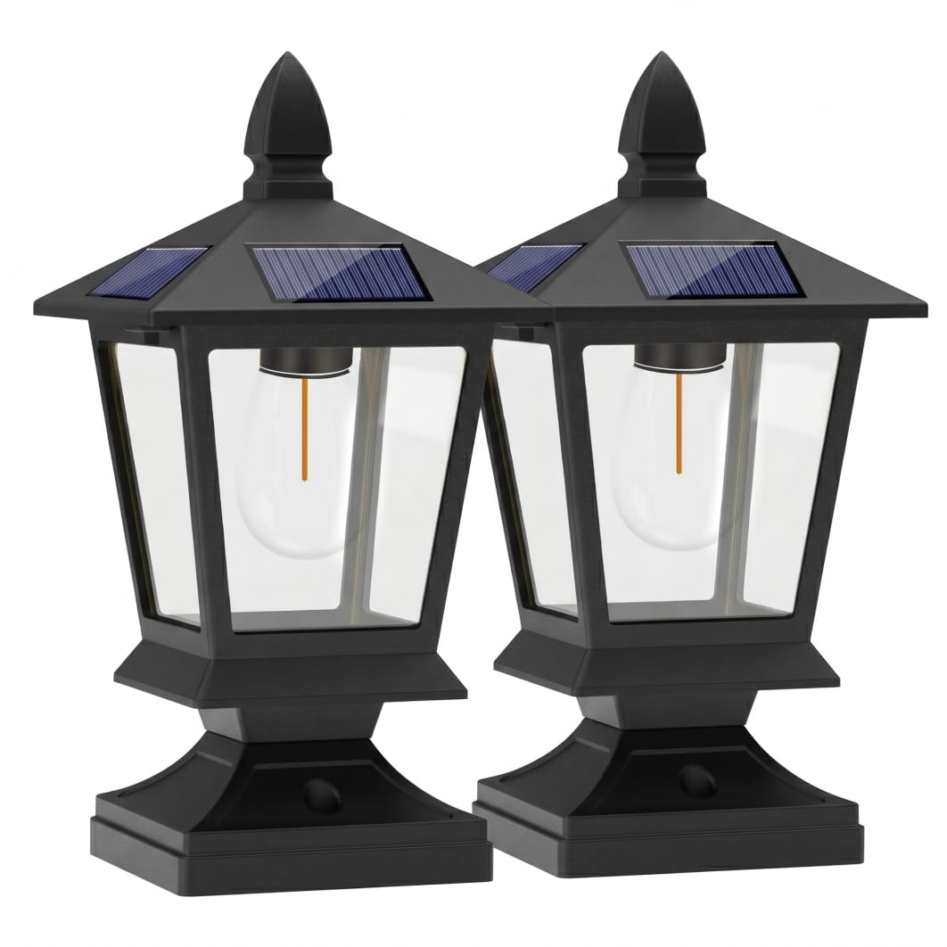 Wilafury 2Pcs Solar Post Lights, Outdoor Garden Post Lamp, Photosensitive LED Lantern Bollard Pathway for Garden Patio Yard Decoration, Black