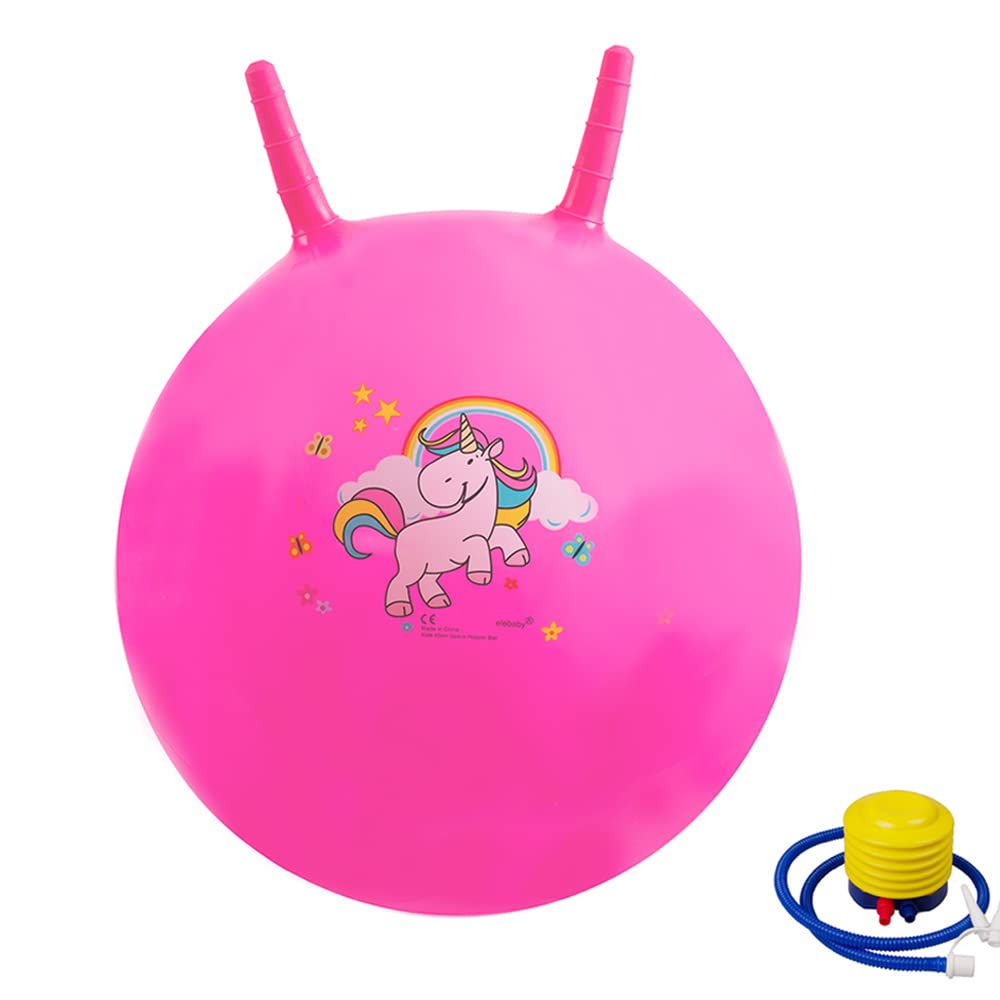 WOLFHOME Space Hopper Ball for Kids, Inflatable 18 inch Diameter Hopper Ball with Handle, Jumping Hopper Ball for Kids Indoor and Outdoor Toy, Hopper Ball with Pump (Pink Unicorn)