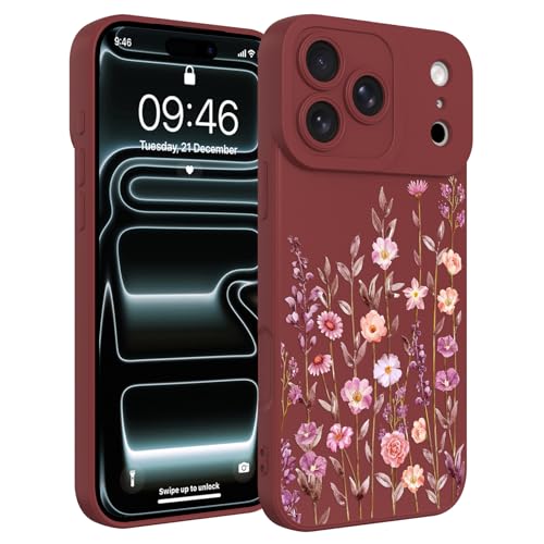 Image of Designed for iPhone 17 Pro Case Flower for Women, Wine Red | Cute Floral Pattern Liquid Silicone Phone Case [Full Camera Protection] Slim Soft TPU Protective Cover