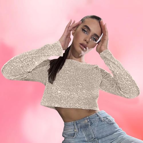 Sequin Crop Tops for Women Long Sleeve Crewneck Glitter Tshirt Y2K Teen Girls Cute Sparkle Blouse Tees for Party Club3